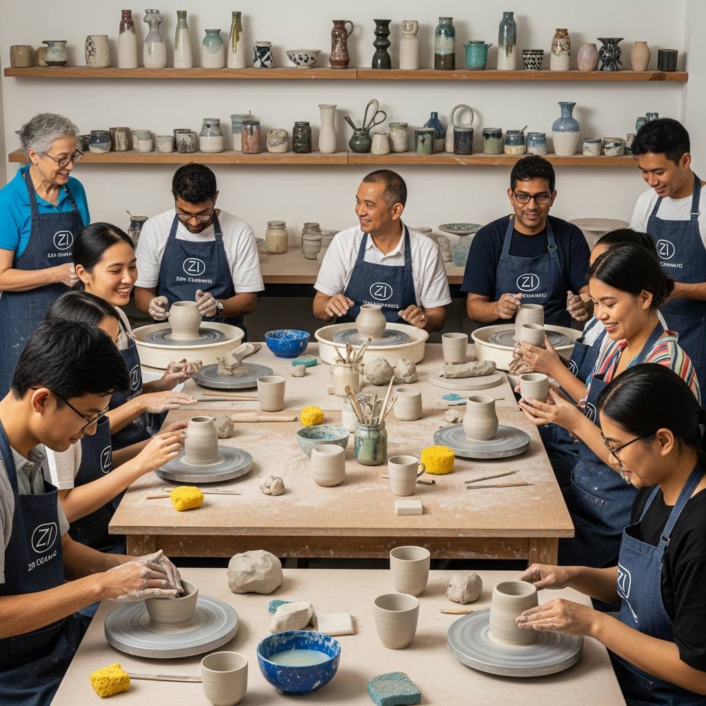 A vibrant urban pottery class scene in Malaysia with diverse people working with clay on wheels and hand-building, showing a lively and social environment.