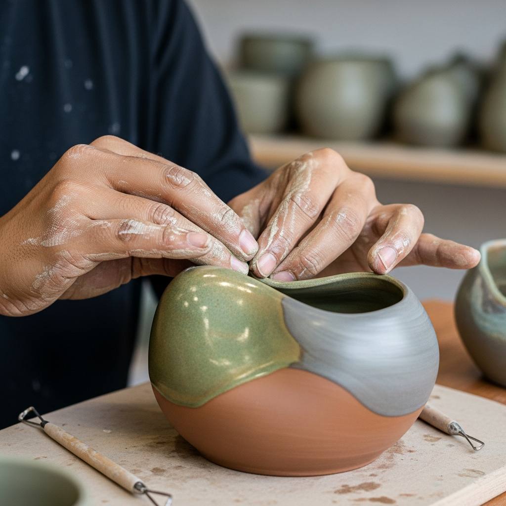 Close-up of hands shaping organic, asymmetrical pottery pieces in earthy tones like moss green, clay brown, and stormy grey, highlighting eco-friendly materials and nature-inspired designs.