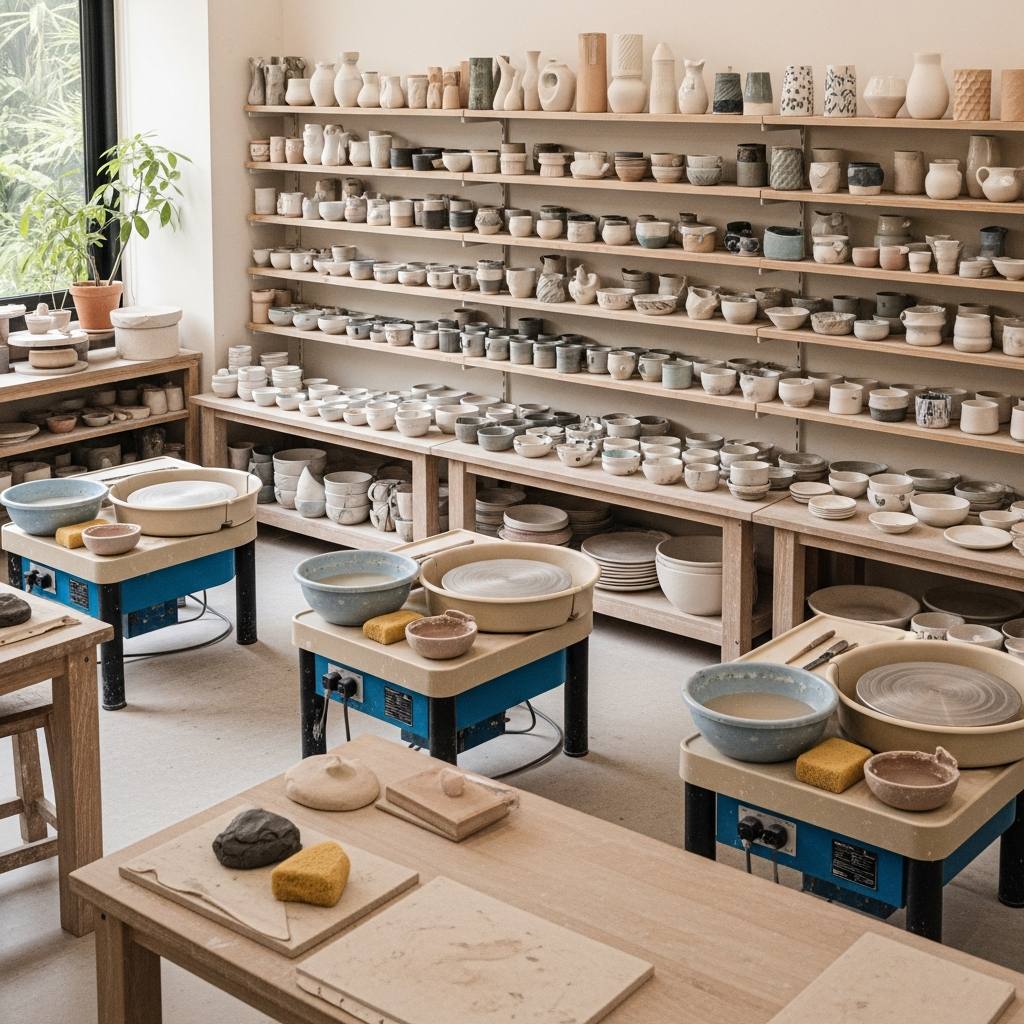 An inviting pottery studio interior at Zen Ceramic with cozy spaces, pottery wheels, and shelves filled with handmade ceramics, illustrating a creative and welcoming atmosphere.