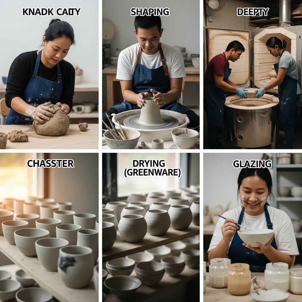 A step-by-step visual of the pottery process from kneading clay, shaping on wheel, drying, firing in kiln, glazing, to the final shiny finished pottery piece.