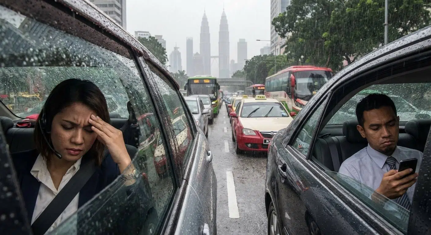 A chaotic Kuala Lumpur traffic jam scene with stressed office workers looking overwhelmed, symbolizing workplace hustle and digital overload.