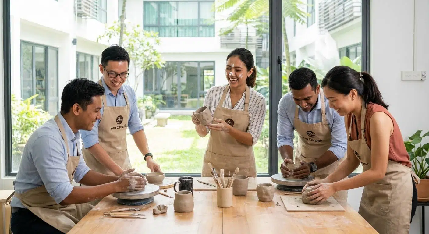 A group of office employees engaged in a pottery workshop, happily molding clay in a Zen Ceramic studio, reflecting mindfulness and creative team building.