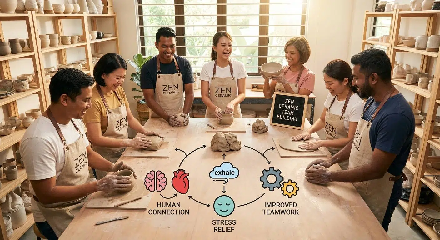 An infographic-style image illustrating the science behind team building: connecting human emotions, stress relief, and improved teamwork.