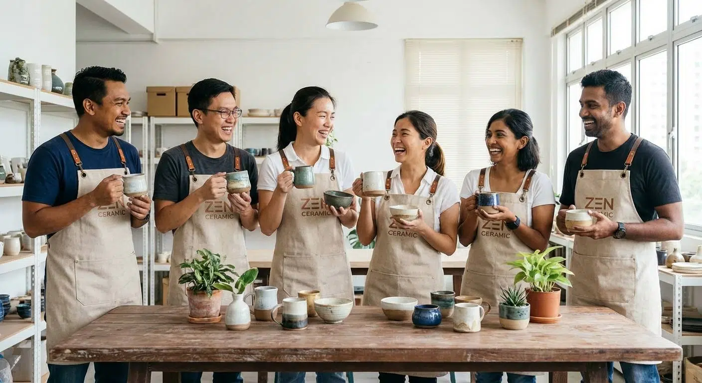 A vibrant, finished pottery display with team members proudly holding their unique creations, symbolizing team unity, accomplishment, and joy.