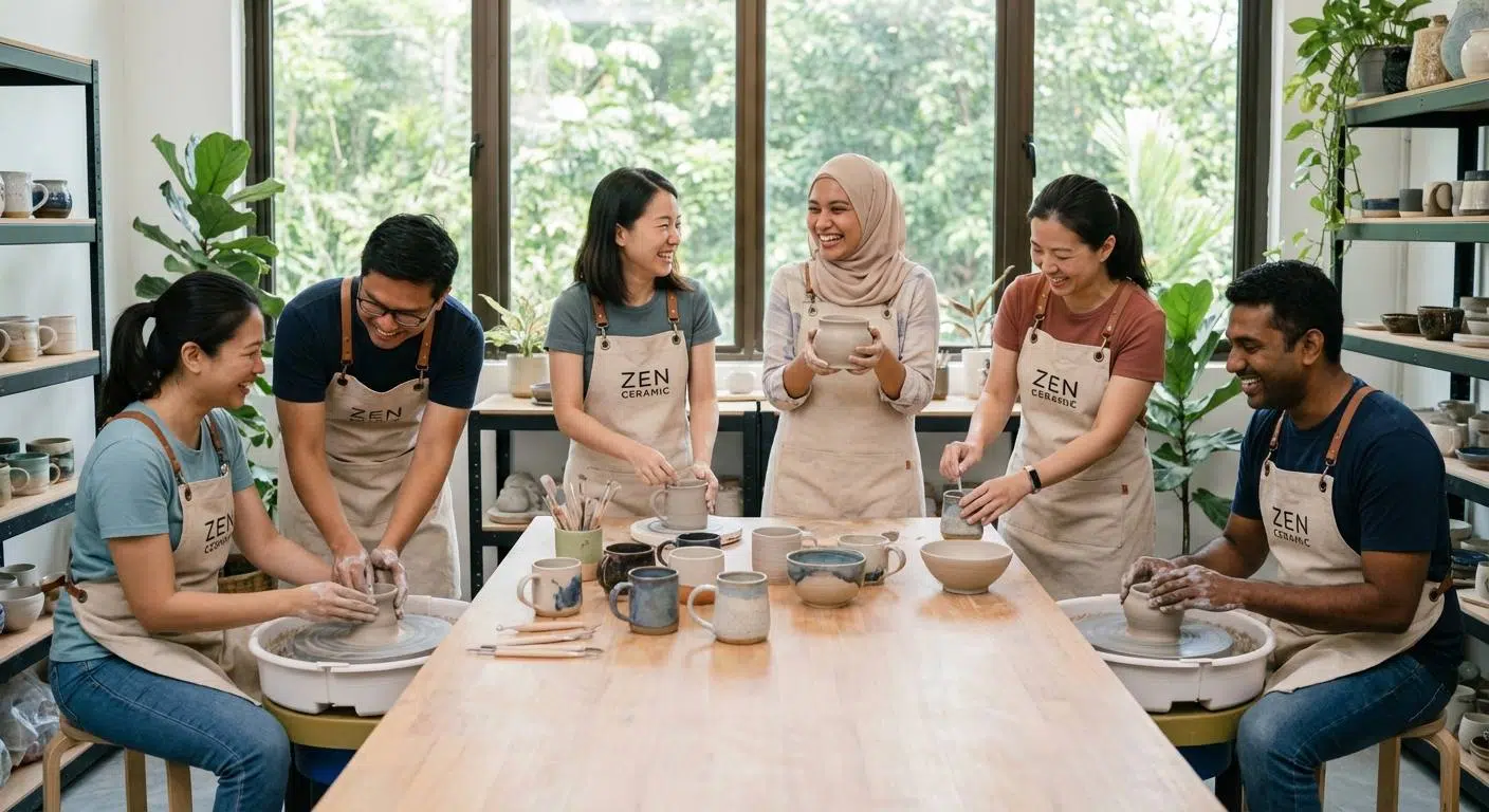 A diverse team engaging together in a pottery workshop, smiling and working collaboratively on clay projects, set in a bright and welcoming pottery studio in Selangor.