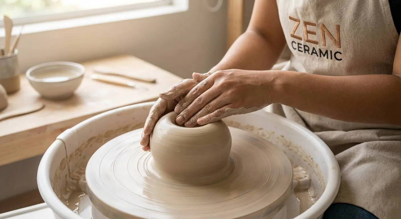Close-up of hands shaping clay on a pottery wheel, highlighting the calming and mindful nature of the activity, evoking a stress-relieving and therapeutic atmosphere.