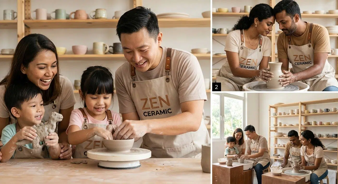 A family and a couple enjoying pottery activities together, with kids excitedly crafting clay items, and couples collaborating on their pottery pieces, reflecting bonding and creativity.