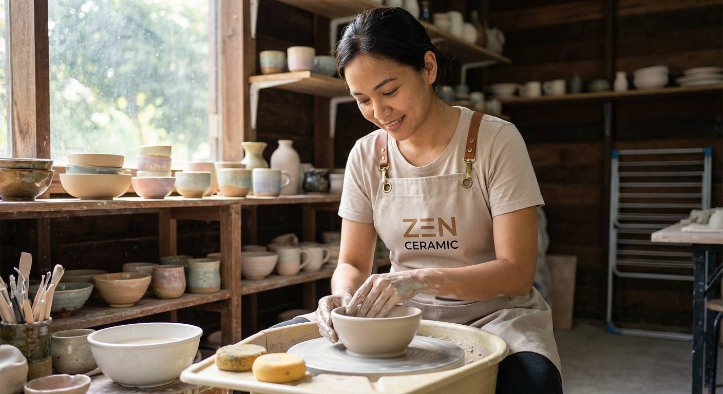Person focused on shaping clay on a pottery wheel in a bright, welcoming ceramic workshop with shelves of finished pottery and tools