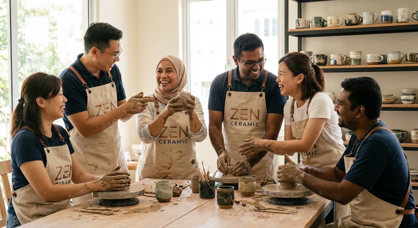 Diverse group of people smiling and interacting with muddy hands during a Zen Ceramic workshop illustrating community, connection, and joy