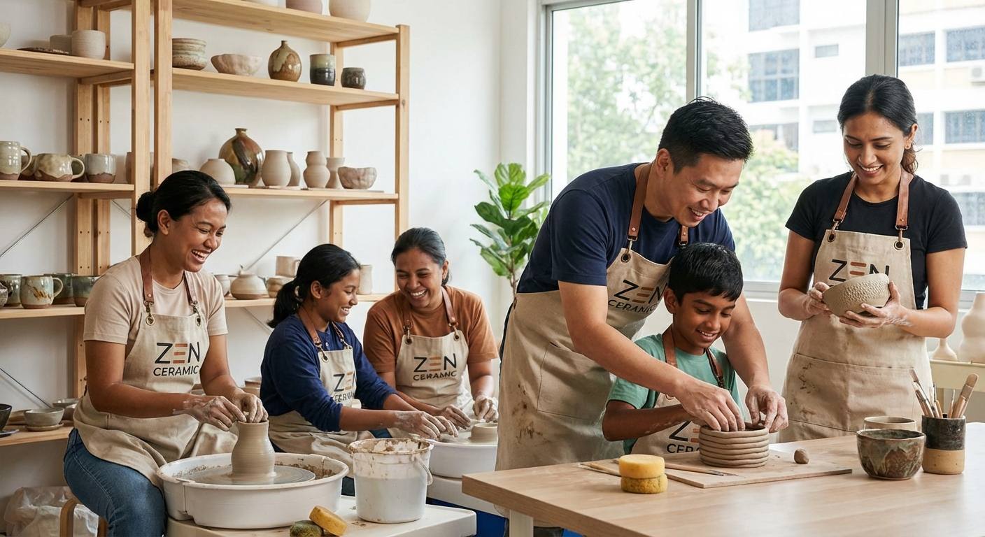 An inviting pottery workshop scene at Zen Ceramic with diverse participants happily shaping clay on pottery wheels and hand-building, showcasing a cozy, creative atmosphere.