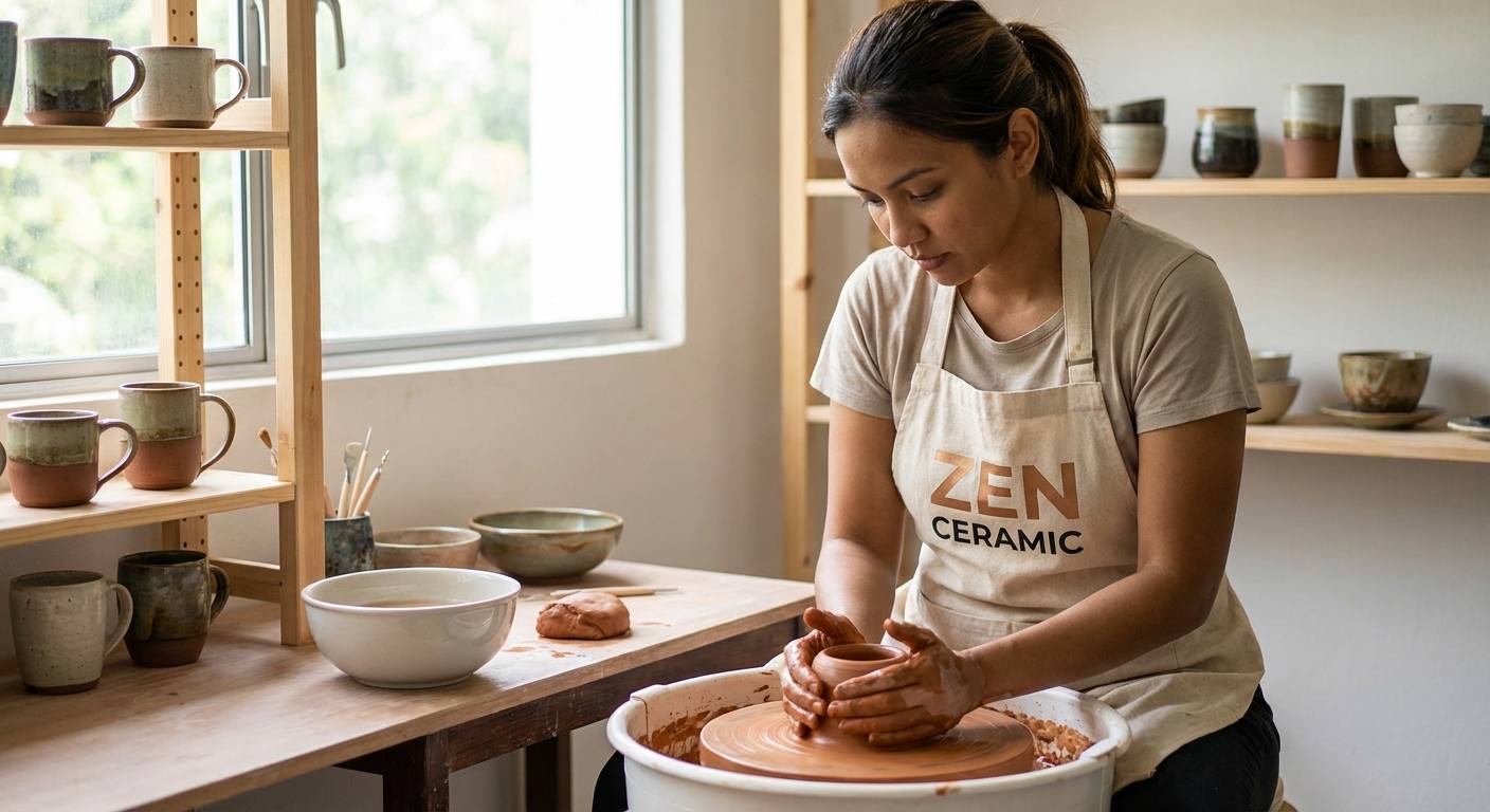 A person shaping clay on a spinning pottery wheel in a serene studio environment, capturing the calming and creative essence of a pottery workshop.