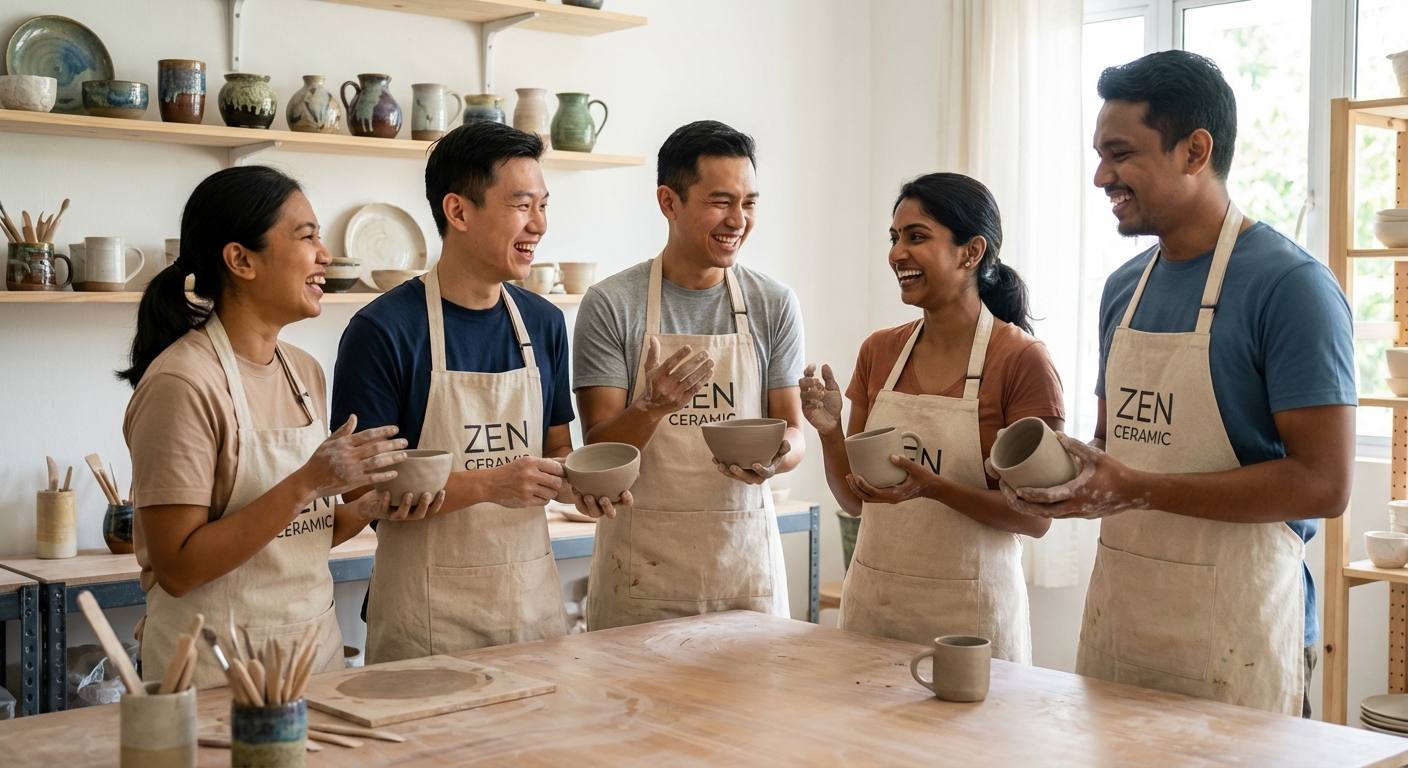 A group of happy participants engaged in a pottery workshop, showcasing community bonding and the joy of creating handmade ceramic pieces together.