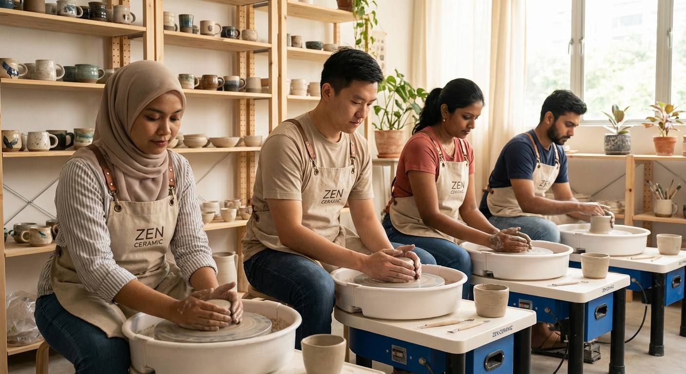 A serene pottery studio with people seated around pottery wheels, shaping clay on the wheels, capturing the meditative and creative atmosphere described in the 'Why Clay Pottery? The Mental and Emotional Benefits' section.