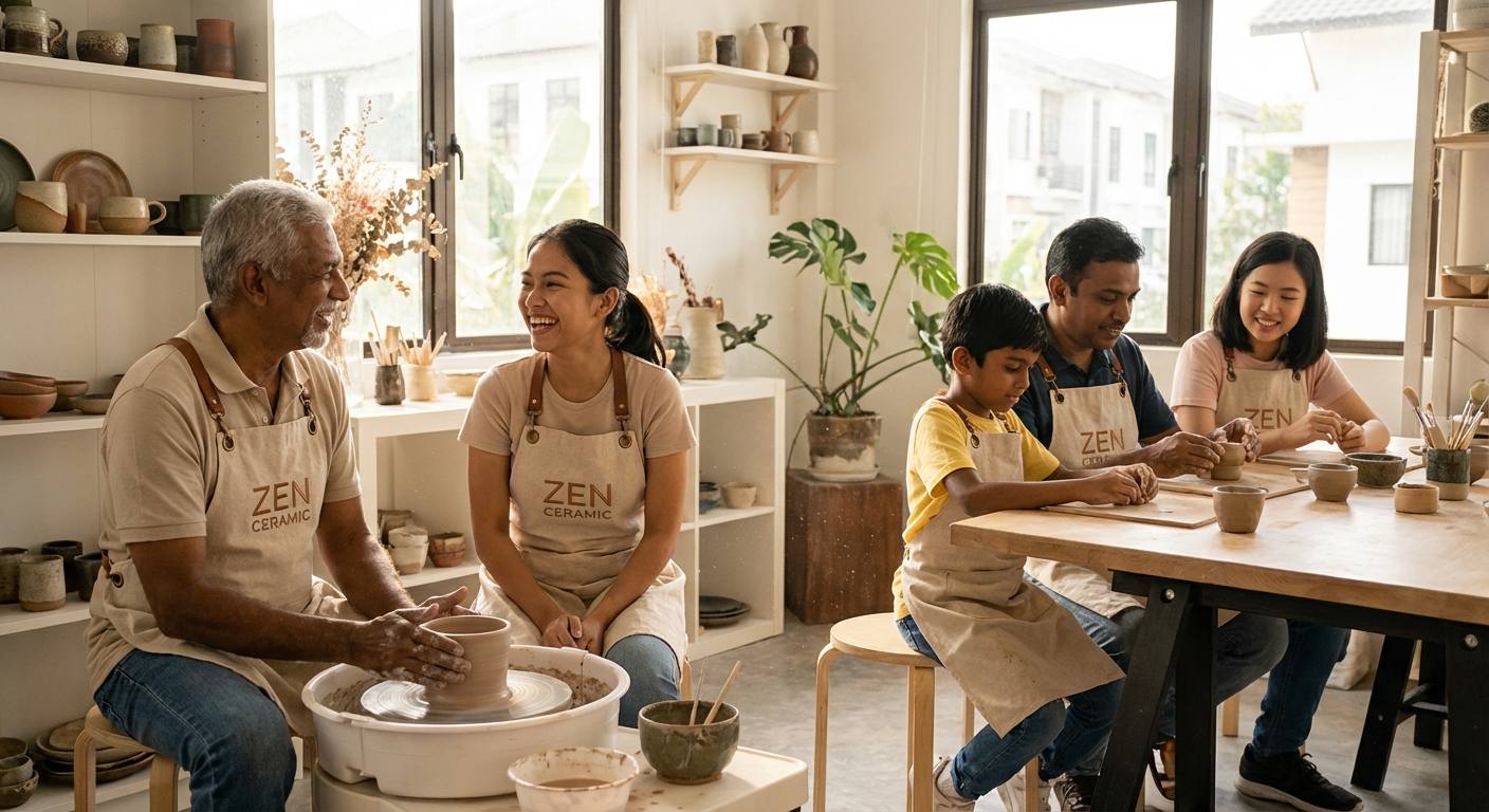 A serene pottery studio scene at Zen Ceramic with people of various ages engaging in wheel throwing and hand-building activities, showcasing a relaxed and welcoming environment filled with natural light and clay artwork.